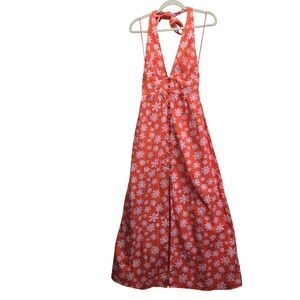 Billabong x Wrangler Womens Orange Floral Cotton Linen Halter Maxi Dress Medium
